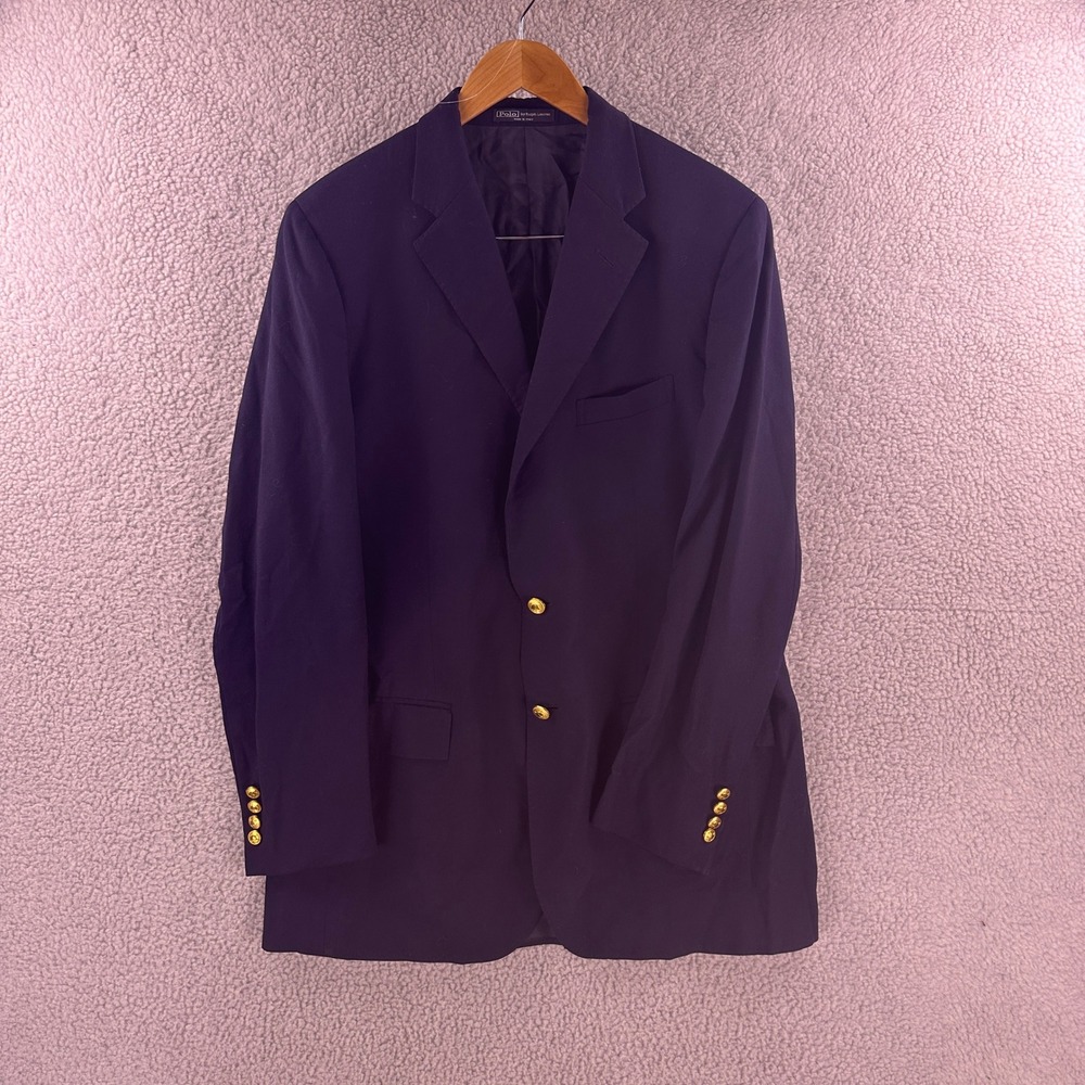 Polo Ralph Lauren Mens 44L Navy Blue Virgin Wool Blazer Gold Crest Button Italy